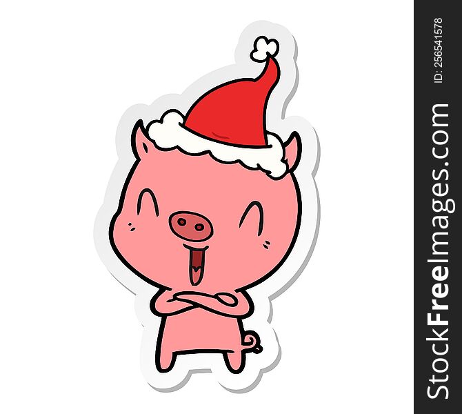 Happy Sticker Cartoon Of A Pig Wearing Santa Hat