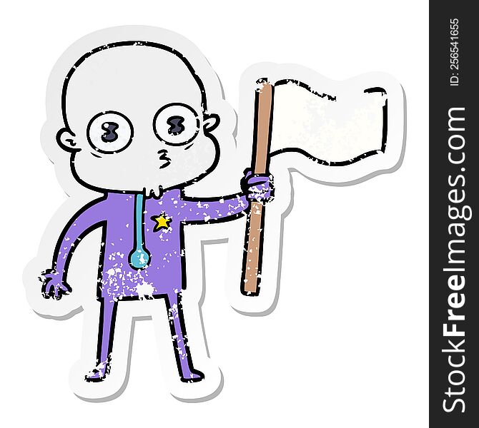 distressed sticker of a cartoon weird bald spaceman with flag