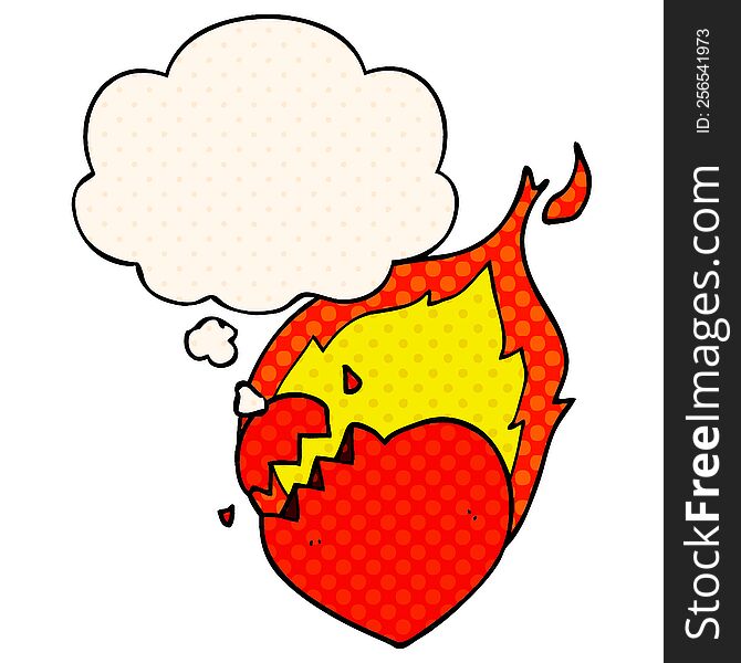 cartoon flaming heart with thought bubble in comic book style
