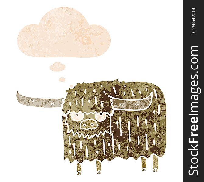 cartoon hairy cow with thought bubble in grunge distressed retro textured style. cartoon hairy cow with thought bubble in grunge distressed retro textured style