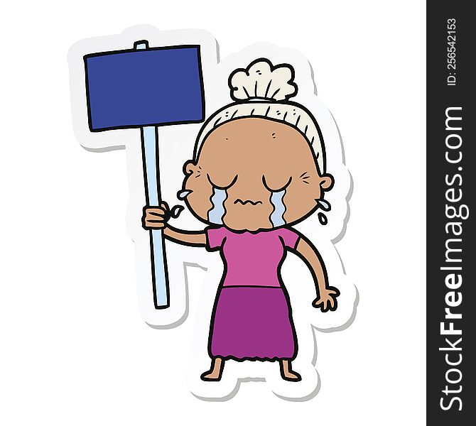 Sticker Of A Cartoon Old Woman Crying While Protesting