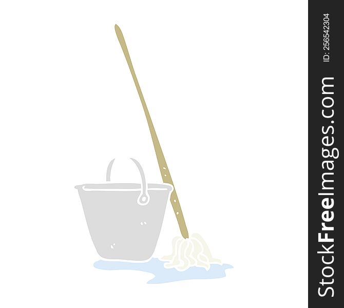 Flat Color Illustration Of A Cartoon Mop And Bucket