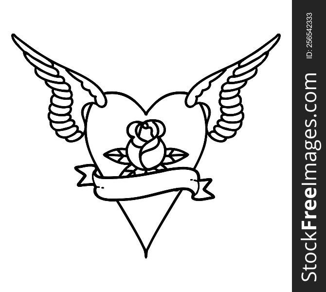 tattoo in black line style of a flying heart with flowers and banner. tattoo in black line style of a flying heart with flowers and banner