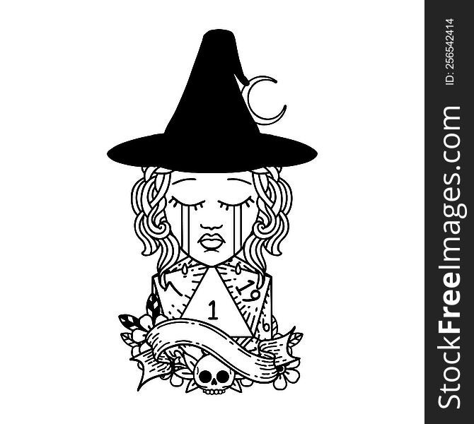 Crying Human Witch With Natural D20 Roll Illustration