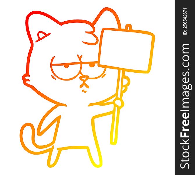 Warm Gradient Line Drawing Bored Cartoon Cat With Sign Post