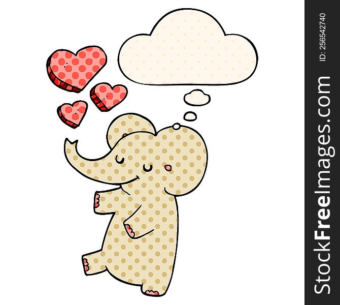 cartoon elephant with love hearts and thought bubble in comic book style