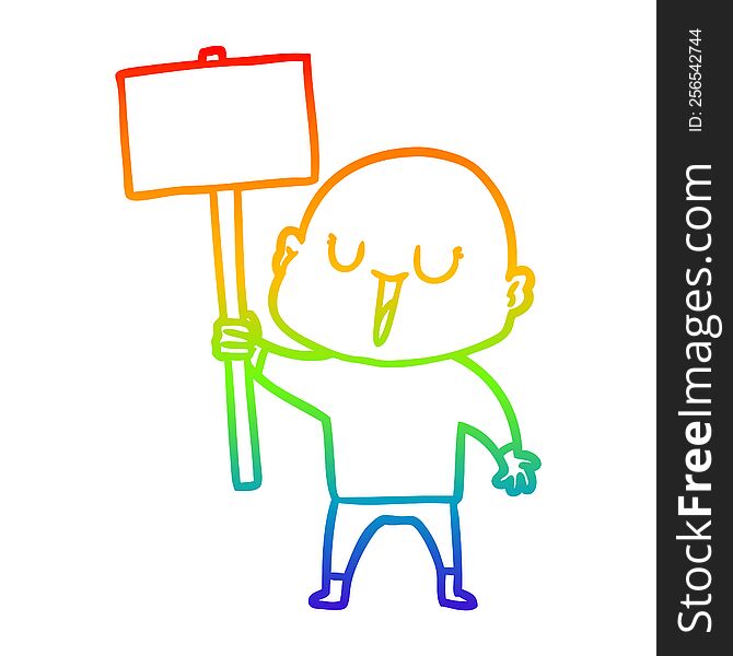 rainbow gradient line drawing of a happy cartoon bald man with sign
