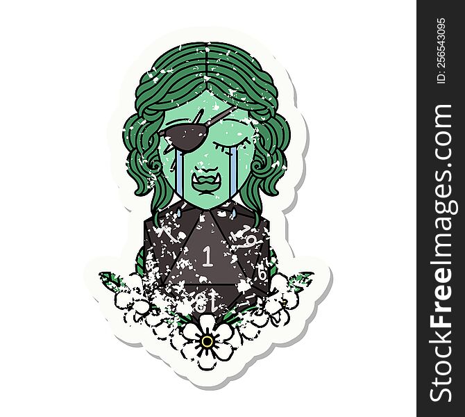 grunge sticker of a crying half orc rogue character with natural one D20 roll. grunge sticker of a crying half orc rogue character with natural one D20 roll
