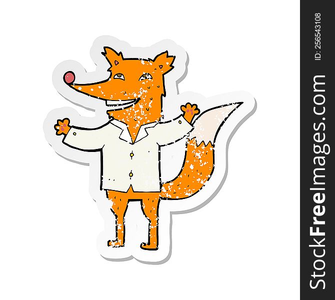 Retro Distressed Sticker Of A Cartoon Happy Fox Wearing Shirt