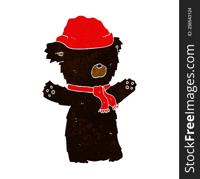 Cartoon Cute Black Bear In Hat And Scarf