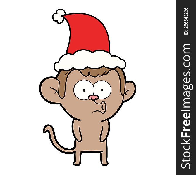 Line Drawing Of A Hooting Monkey Wearing Santa Hat