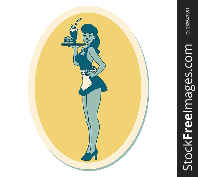 sticker of tattoo in traditional style of a pinup waitress girl. sticker of tattoo in traditional style of a pinup waitress girl