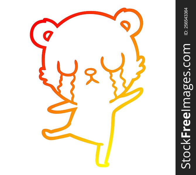 warm gradient line drawing of a crying cartoon bear doing a sad dance