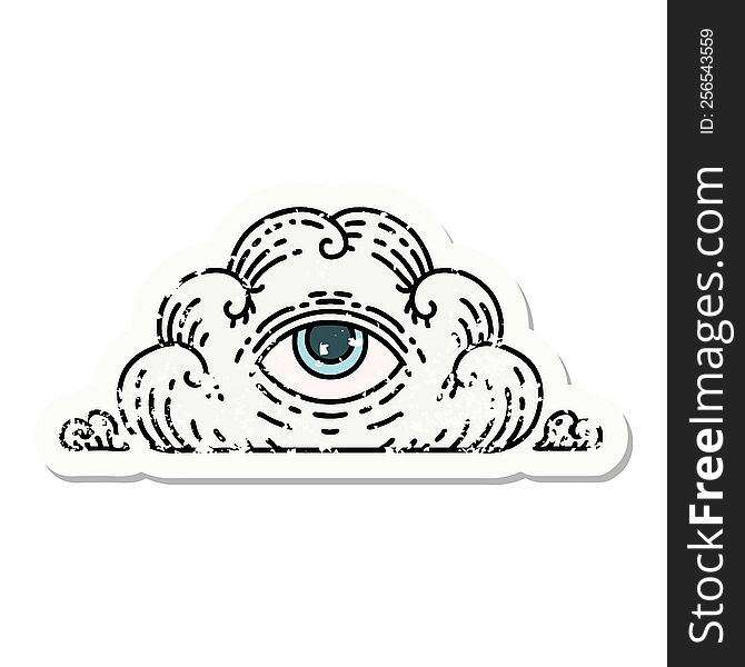 distressed sticker tattoo in traditional style of an all seeing eye cloud. distressed sticker tattoo in traditional style of an all seeing eye cloud