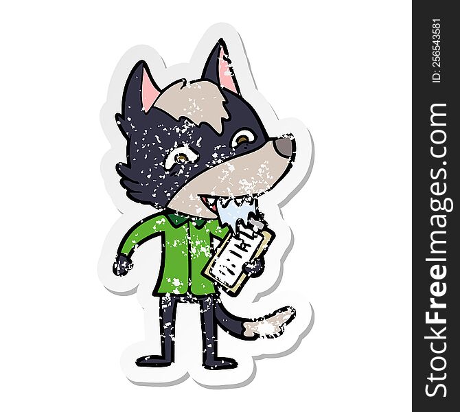distressed sticker of a cartoon hungry wolf with clip board