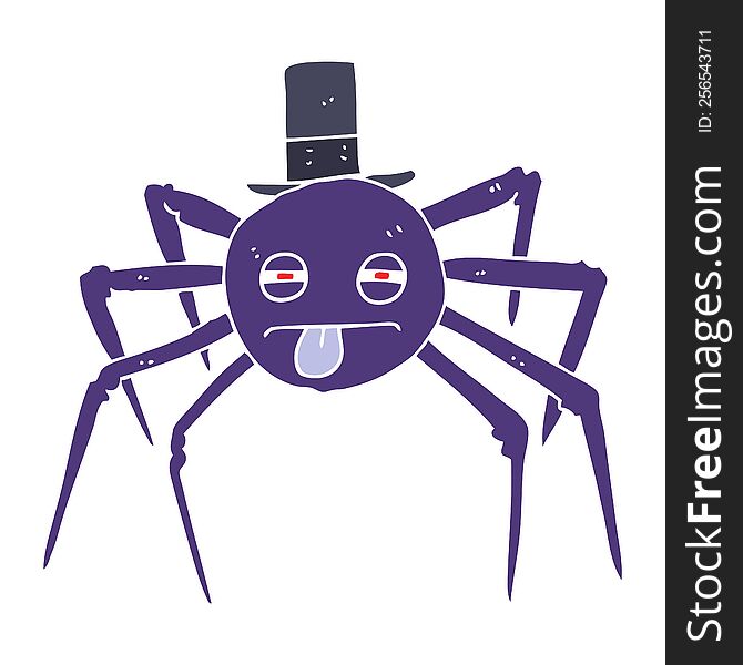 Flat Color Illustration Of A Cartoon Halloween Spider In Top Hat