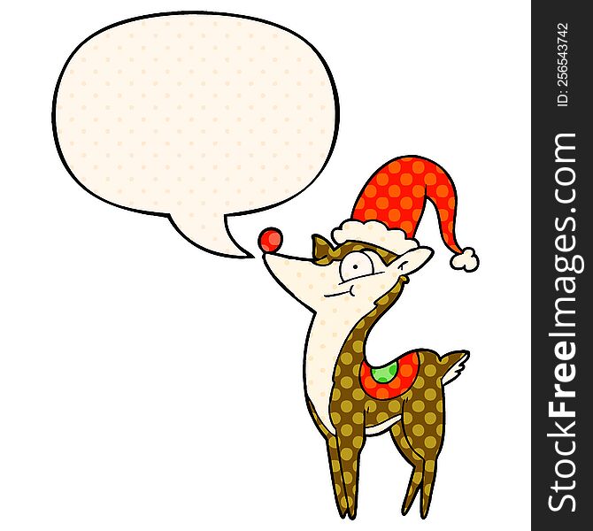 Cartoon Christmas Reindeer And Speech Bubble In Comic Book Style