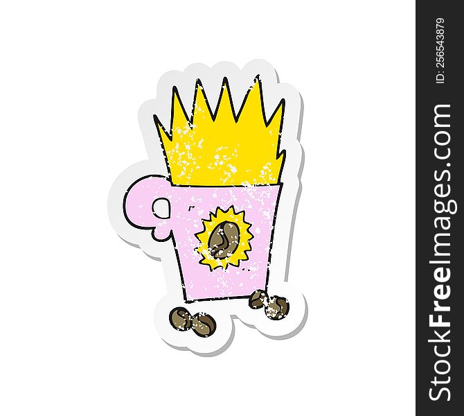 retro distressed sticker of a cartoon crazy powerful coffee