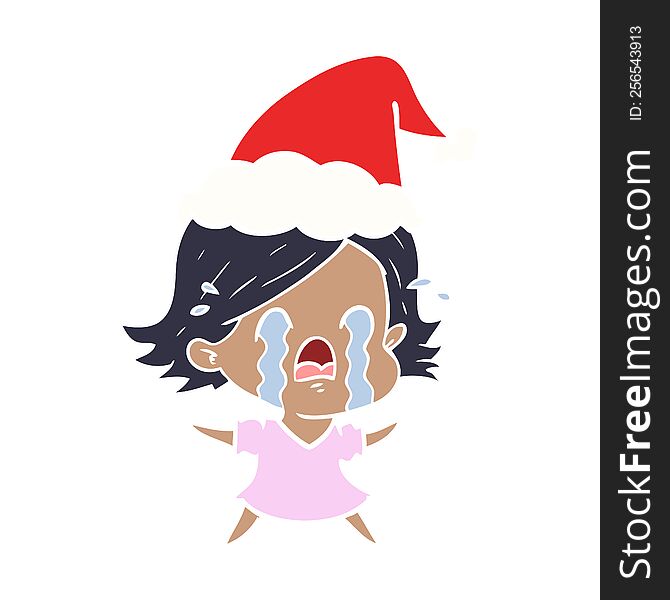Flat Color Illustration Of A Woman Crying Wearing Santa Hat