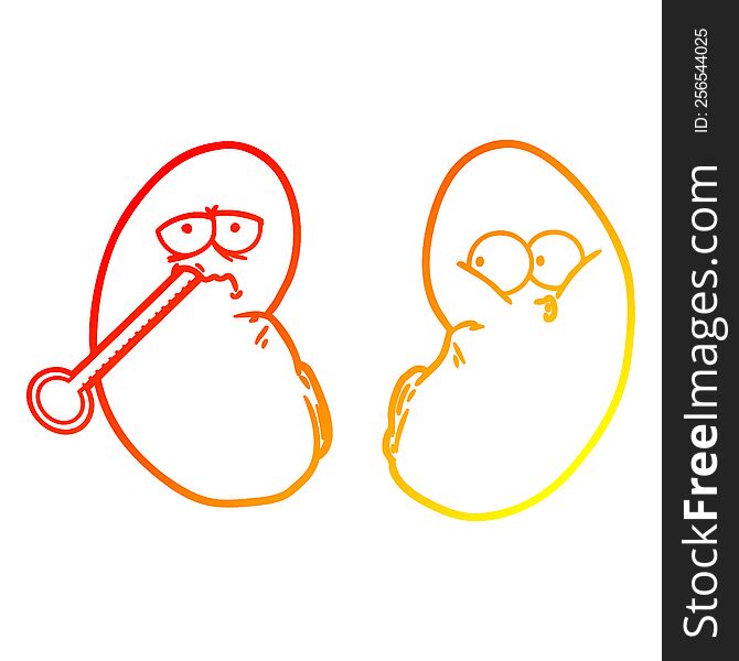 warm gradient line drawing of a cartoon unhealthy kidney