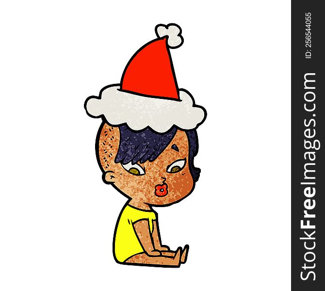 hand drawn textured cartoon of a surprised girl wearing santa hat