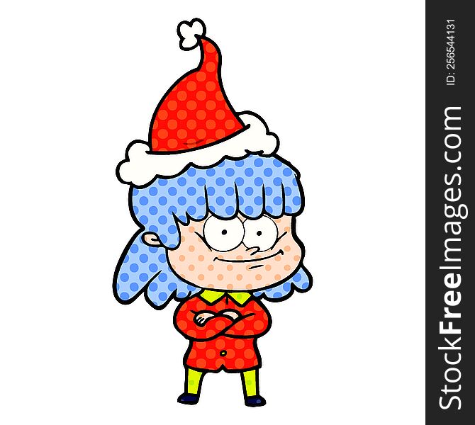 Comic Book Style Illustration Of A Smiling Woman Wearing Santa Hat