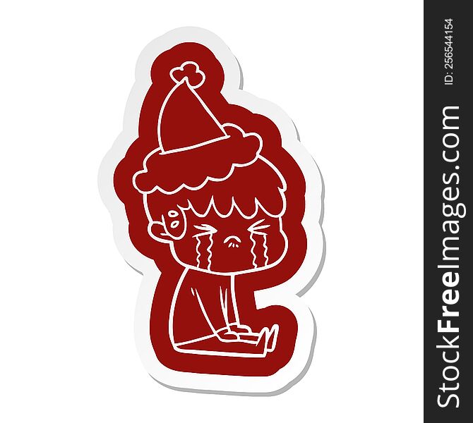 Cartoon  Sticker Of A Boy Crying Wearing Santa Hat