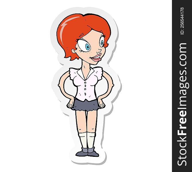 sticker of a cartoon happy woman in short skirt