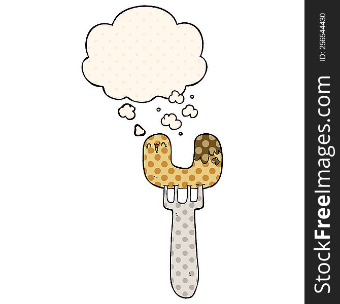 cartoon sausage on fork and thought bubble in comic book style