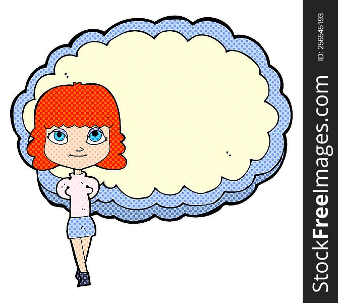 cartoon woman in front of cloud with space for text