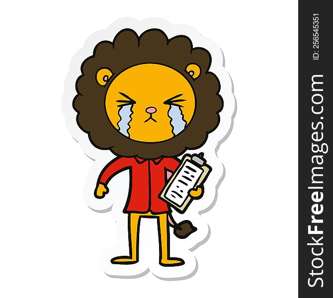 sticker of a cartoon crying lion with clipboard