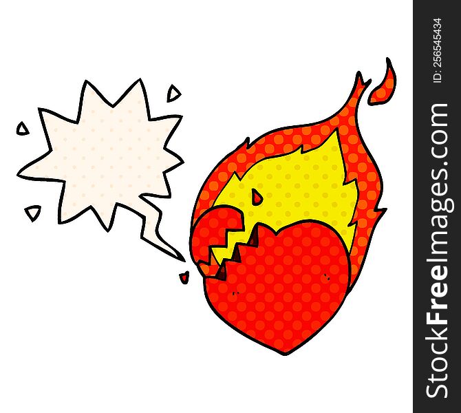 cartoon flaming heart with speech bubble in comic book style