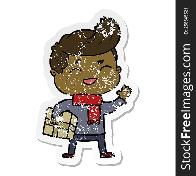 distressed sticker of a cartoon man laughing carrying parcel