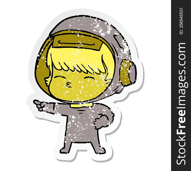 distressed sticker of a cartoon curious astronaut pointing