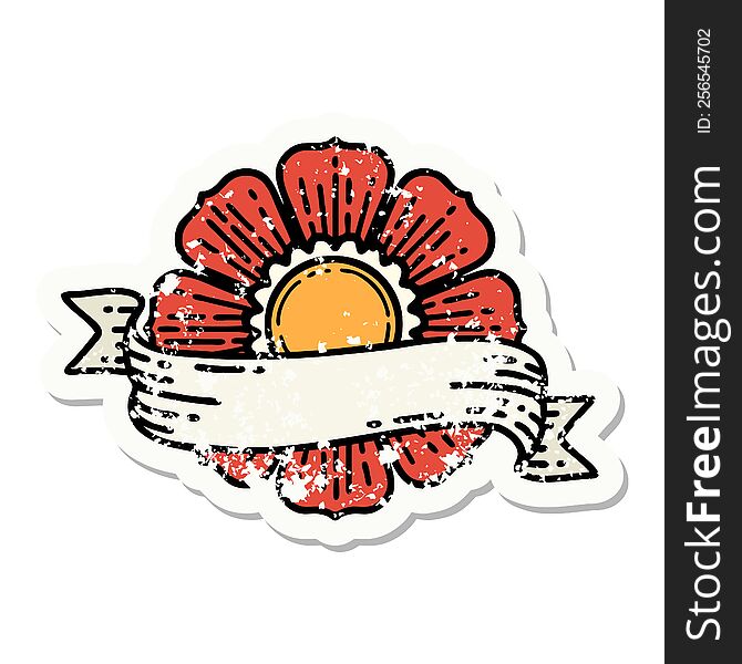 Traditional Distressed Sticker Tattoo Of A Flower And Banner