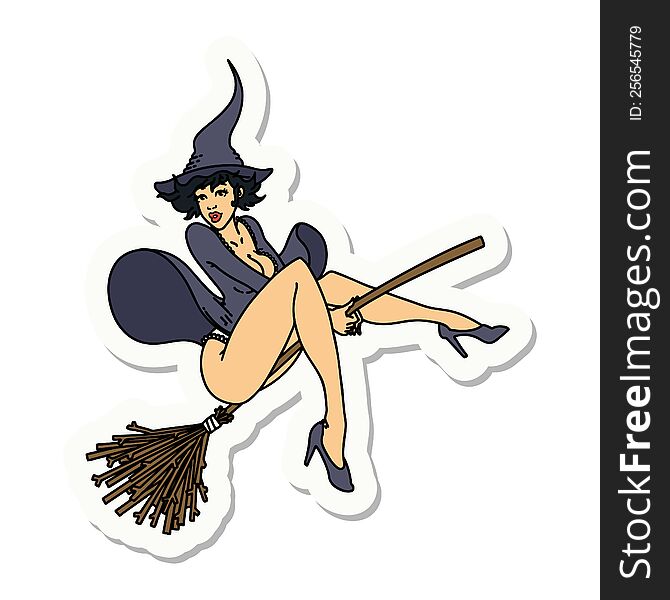 sticker of tattoo in traditional style of a pinup witch. sticker of tattoo in traditional style of a pinup witch