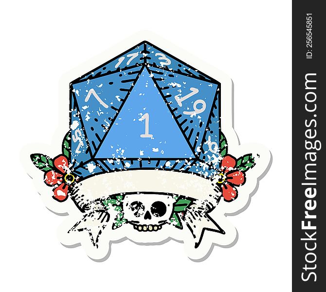 natural one d20 dice roll grunge sticker