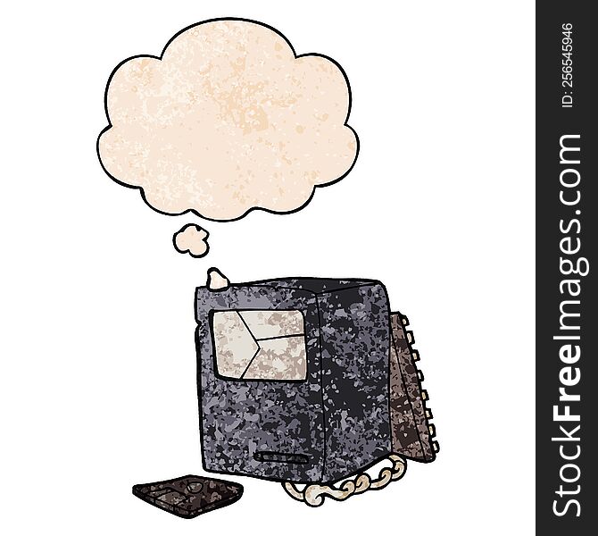 cartoon broken old computer with thought bubble in grunge texture style. cartoon broken old computer with thought bubble in grunge texture style