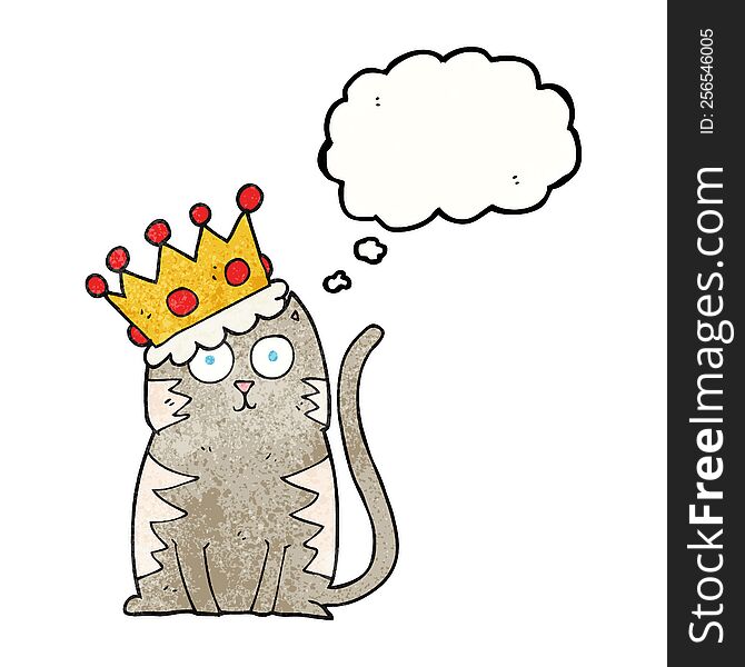 freehand drawn thought bubble textured cartoon cat with crown