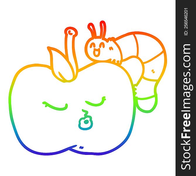 rainbow gradient line drawing of a cartoon pretty apple and bug