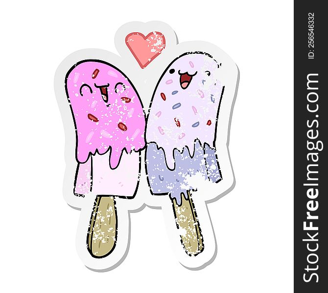 distressed sticker of a cartoon ice lolly in love
