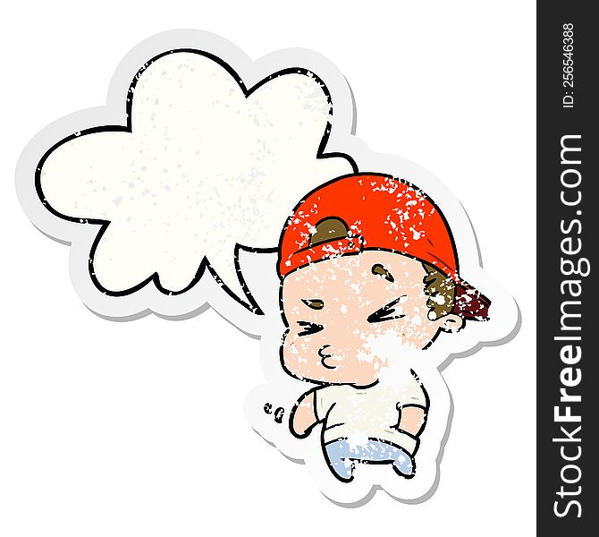 cartoon cool kid with speech bubble distressed distressed old sticker. cartoon cool kid with speech bubble distressed distressed old sticker