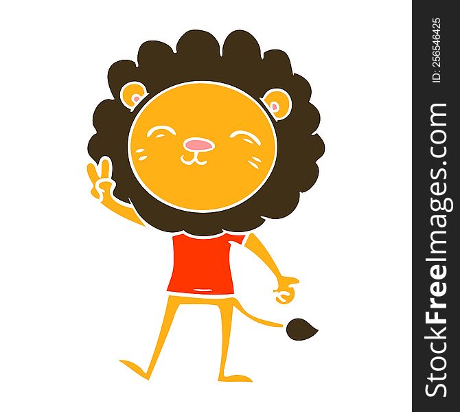 Flat Color Style Cartoon Lion Giving Peac Sign