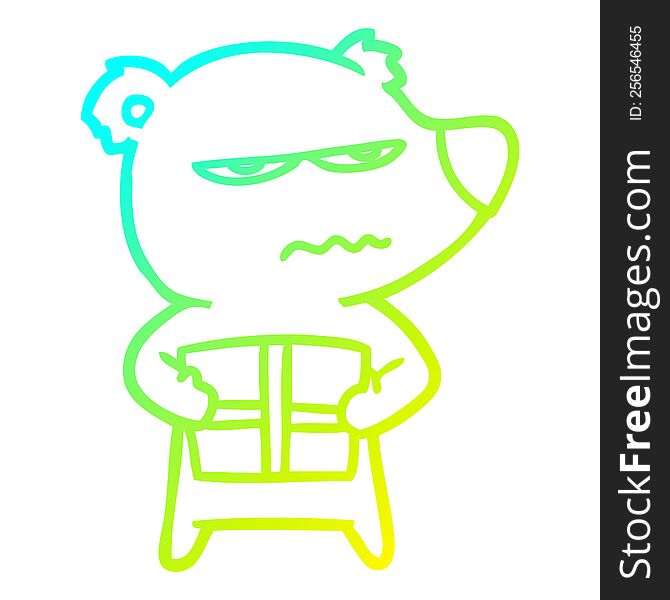 Cold Gradient Line Drawing Angry Bear Cartoon Holding Present