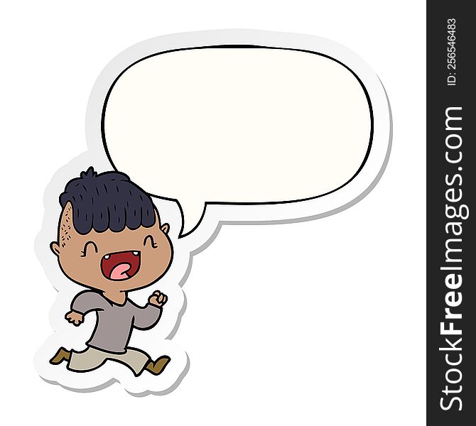 cartoon happy boy laughing and running away and speech bubble sticker