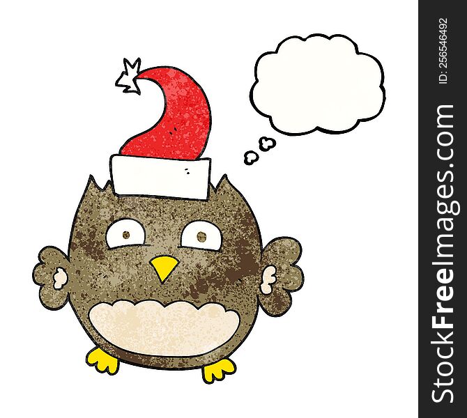 Thought Bubble Textured Cartoon Owl Wearing Christmas Hat
