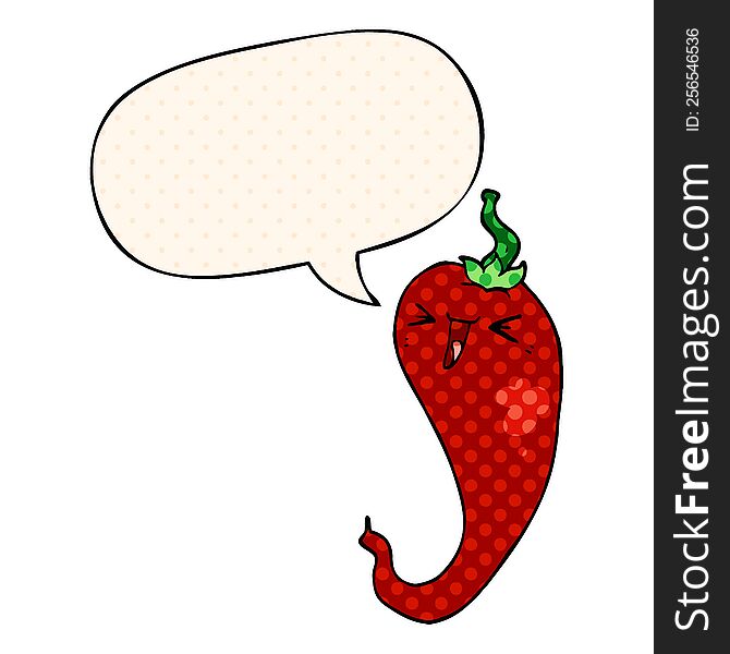 cartoon hot chili pepper and speech bubble in comic book style