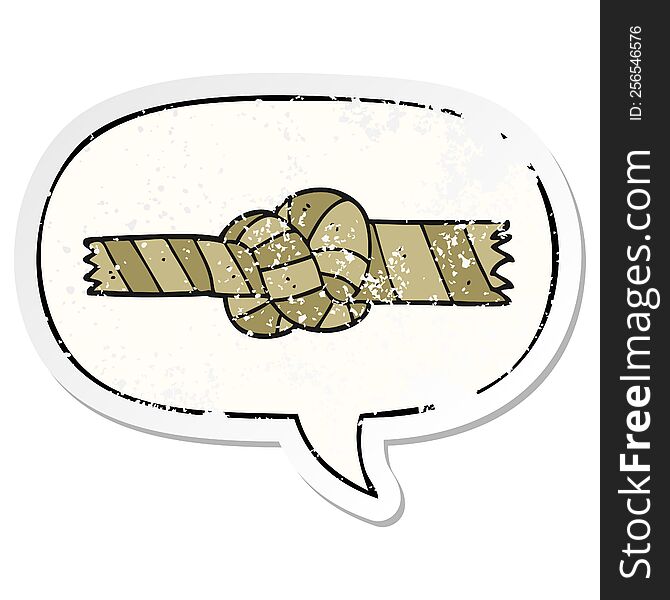 cartoon knotted rope and speech bubble distressed sticker