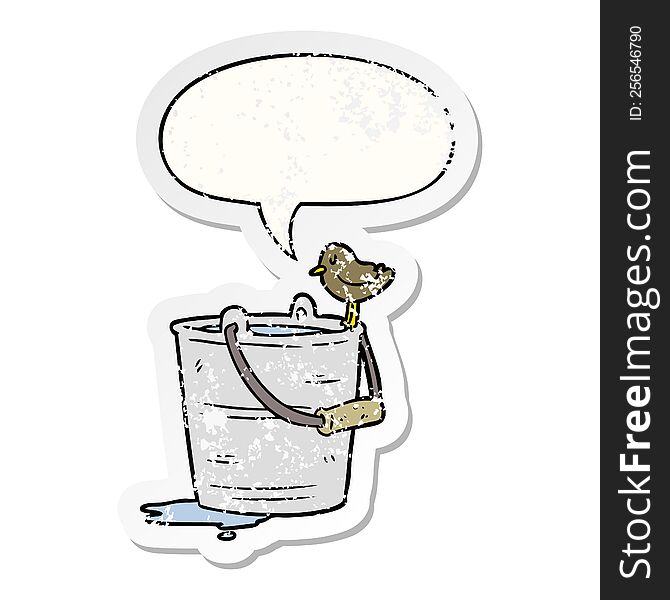 cartoon bird looking into bucket of water with speech bubble distressed distressed old sticker. cartoon bird looking into bucket of water with speech bubble distressed distressed old sticker
