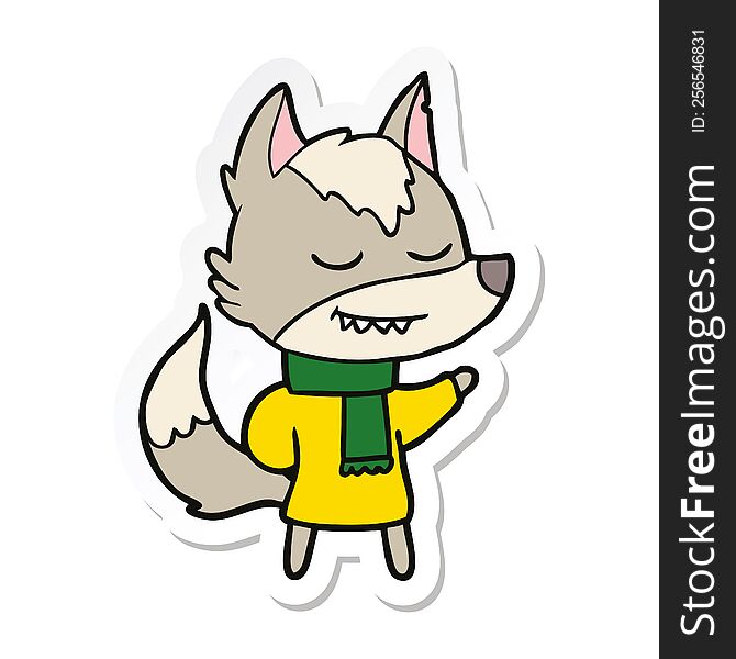 sticker of a friendly cartoon wolf wearing scarf